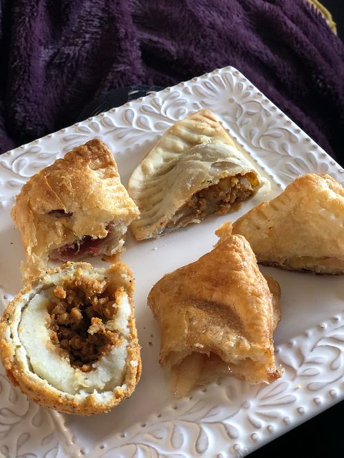 Papa Rellena, Guava, Apple and cheeze pastelitos, Beefless Empanadas.  at The Happy Vegan Bakers in Hialeah