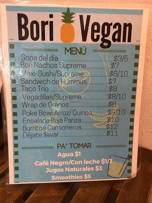 Menu at Bori Vegan in Guaynabo