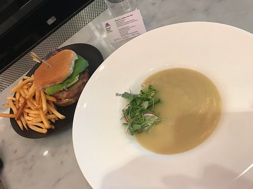 Soup excellent burger too realistic served together at P.S. Kitchen in New York City