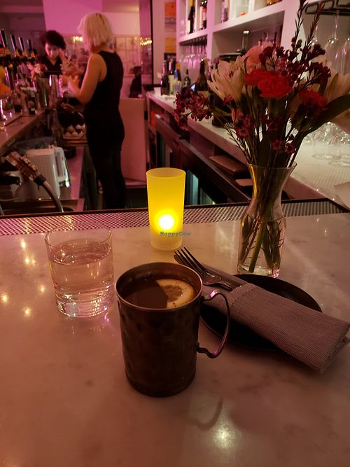 Hot apple cider drink (zero alcohol) at P.S. Kitchen in New York City