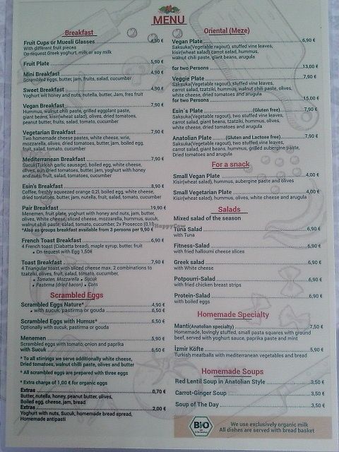 Menu at Pi Mediterran in Berlin