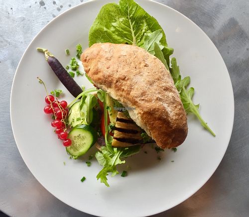 Vegan sandwich with grilled eggplant at Teater Cafeen in Nykobing