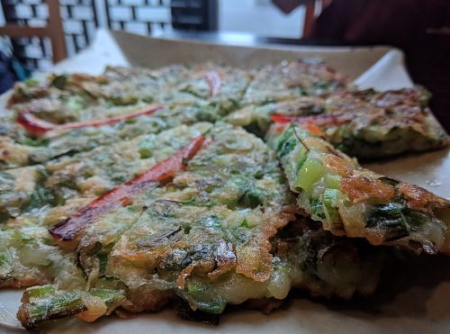 Big green onion pancake! at Minari in Kyoto