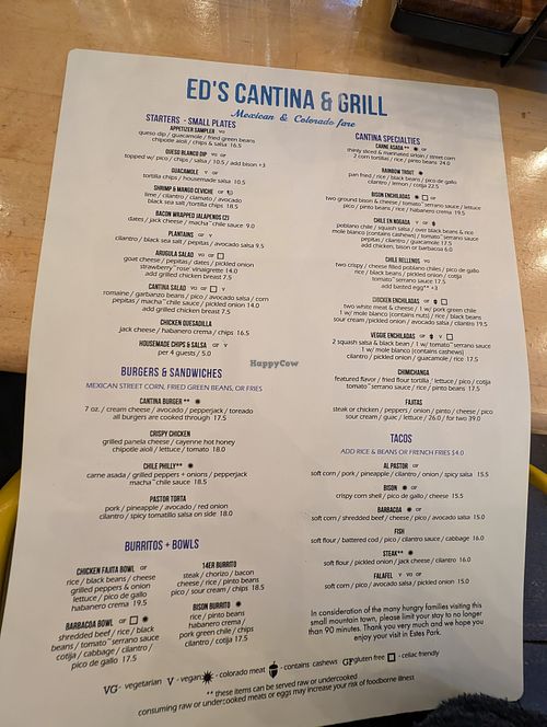 Menu at Ed's Cantina & Grill in Estes Park