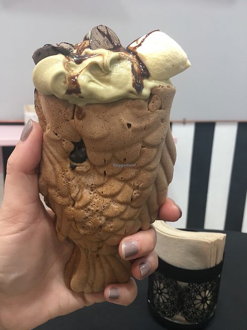 taiyaki style cone with vegan choc and matcha ice cream, choc toppings and vegan marshmallows  at Malvy's Shakes in Madrid