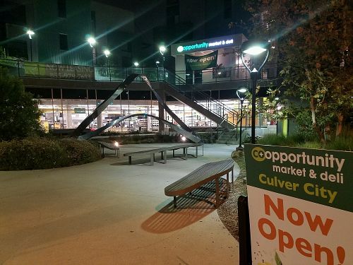 outside at night at Co-Opportunity in Culver City