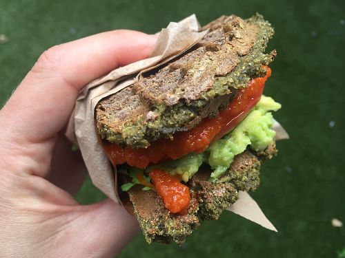 falafel waffle filled with guacamole and tomato sauce at Waffled in East London