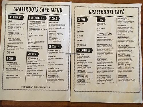 Menu (March 2018) at Grassroots Cafe in Glasgow