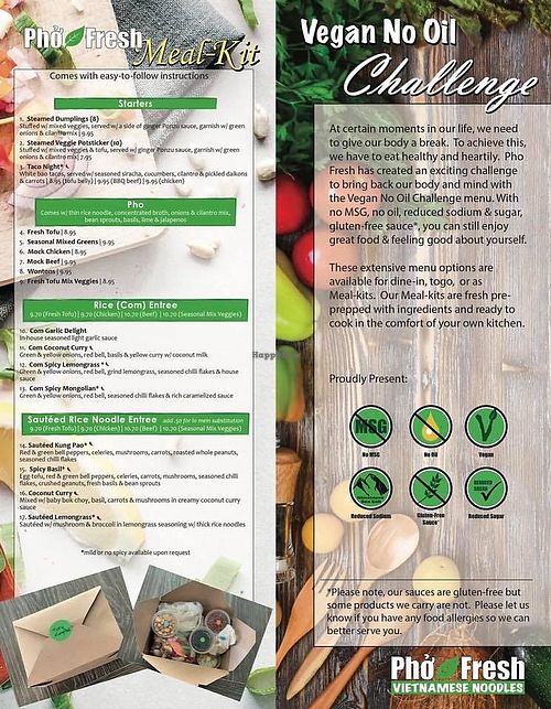 Vegan oil free menu. Front and back   at Pho Fresh in Rancho Cordova