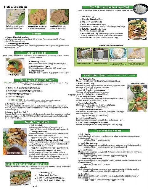 Inside vegan oil free menu  at Pho Fresh in Rancho Cordova