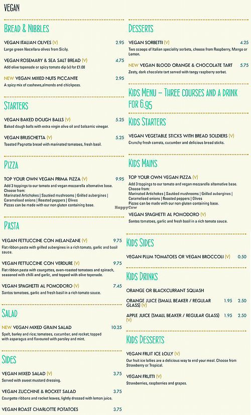 vegan menu  at ASK Italian in Guildford