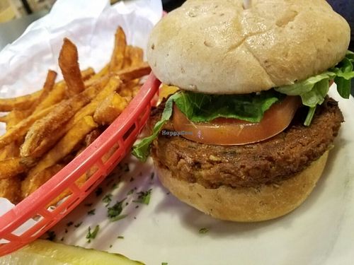 burger and fries at Green Vegetarian Cuisine - Quarry Market in San Antonio