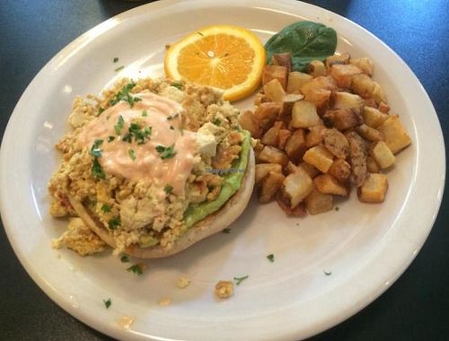 Vegan eggs benedict with tofu at Green Vegetarian Cuisine - Quarry Market in San Antonio