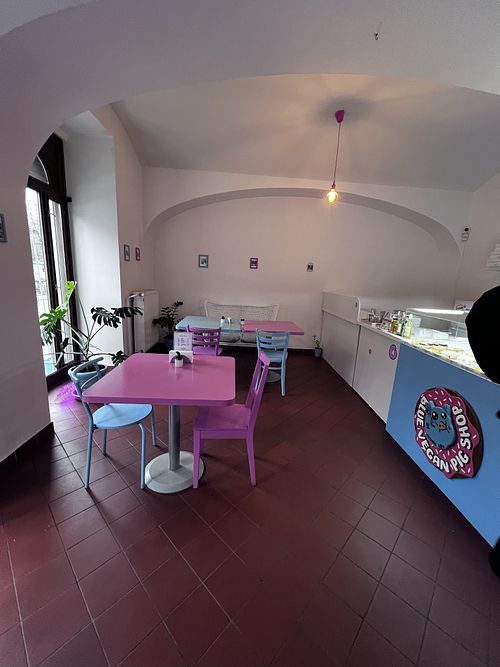Enough seating available for a  coffee   at Blue Vegan Pig Shop in Prague