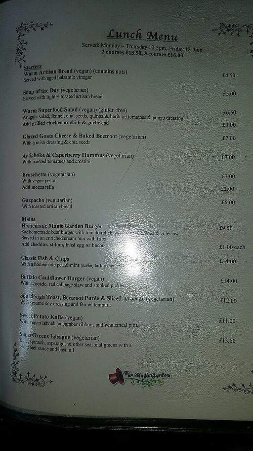 Lunch menu at The Magic Garden in South West London