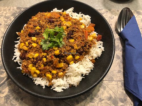 Vegan chilli and rice  at Elephant in the Room in Thessaloniki