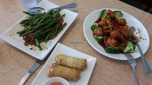 spring rolls, string bean appetizer, orange peel veg meat, and a special noodle soup made with ginger and tomato. at Ma Ma Wok in Charlotte