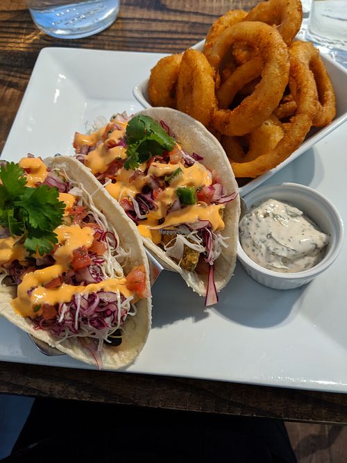 avo-shiitake tacos and small order of onion rings with dilly ranch dip at güd eats in Saskatoon
