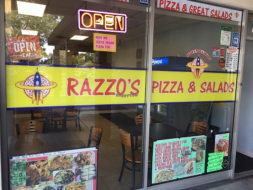 Storefront entrance at Razzos Pizza And Salads in Hayward