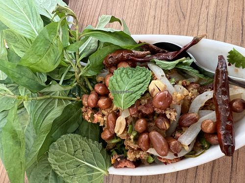 Fermented vegan pork salad ยำแหนมข้าวทอด  at Talalask in Bangkok