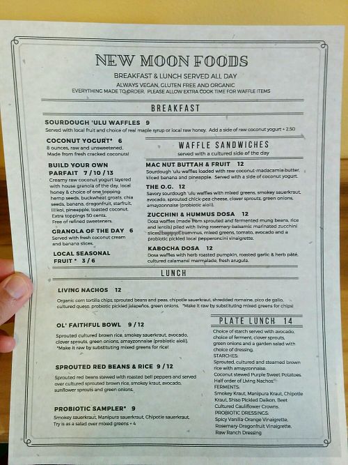 menu front at New Moon Foods in Pahoa