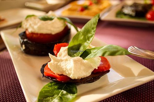 aubergines with cashew cheese at Coara  in Kfar Katra