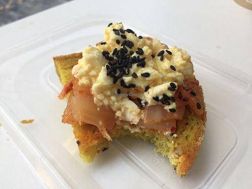 kimchi bruschetta with tofu egg on homemade bread! at Vegan Yes in East London
