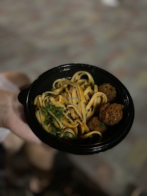 Vegan pasta with falafel at Goroh in Omsk