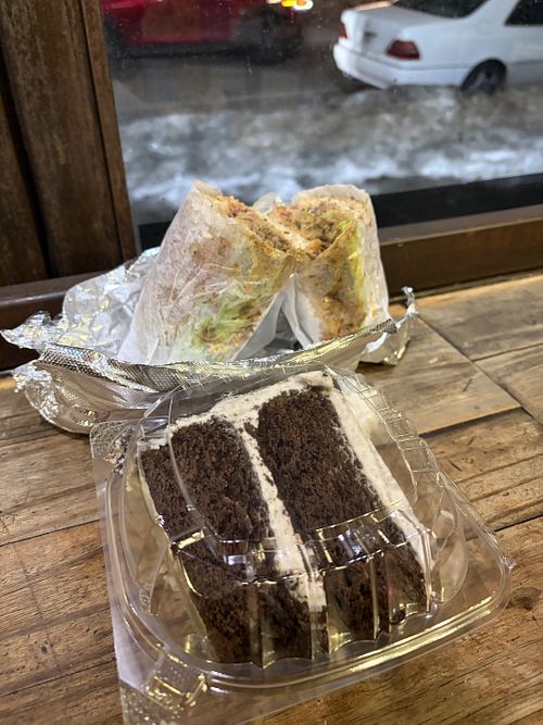 “Fancy Seitan” and cookies and cream frosted chocolate cake  at Brooklyn Natural Market in Brooklyn