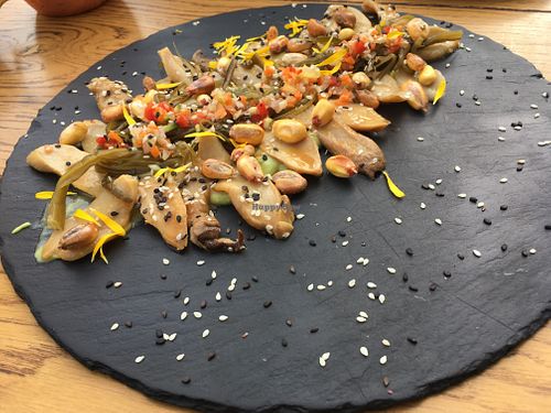 Not-octopus (vegan) made with mushrooms, miso, sea weeds, on top of an avocado&wasabi cream  at Verde Sazon in Santiago