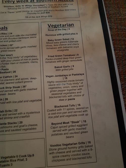 Vegetarian menu at Southern Accent in Toronto