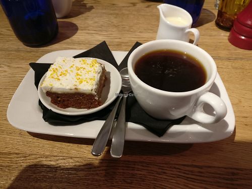 Carrot cake and coffee (soy milk alternative available). Super sweet but nice. at Pizza Express - Silverburn in Glasgow