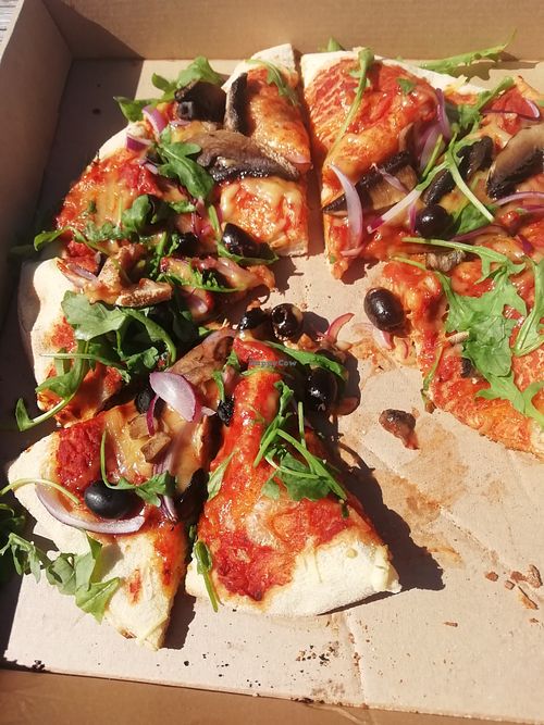 Recommend as a few very good vegan mains. I had Mushroom, red pepper, olive and vegan cheese pizza and husband had the hummus and avocado wrap. Both really delicious!  at Cantina in Paignton