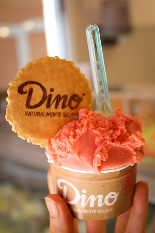 strawberry and banana ice creams at Dino Gelateria Italiana in Barcelona