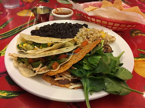 Quesadilla plate with 3 different choices - all vegan with Daiya cheese. 10 USD. at Adalante's Healthy Mexican in San Antonio