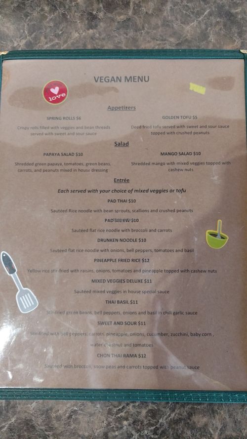 Vegan menu at Chon Thai Food in Chandler