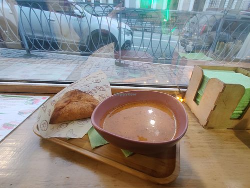 Tomato soup and Tartar vegan triangle (Echpochmak
) at Green Life Cafe in Kazan