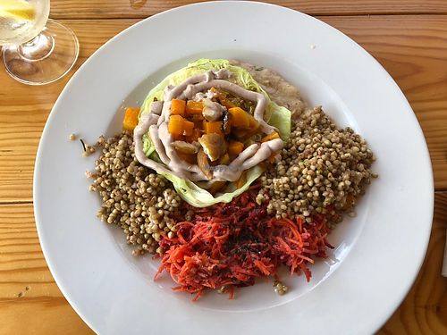 Buckwheat with braised cabbage, squash and bean purée   at Gaia Loja Restaurante in Rogil