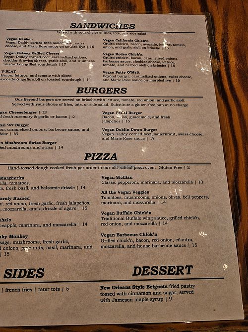 Menu at Harp and Hound in Ogden