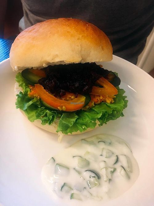 Beetroot burger, the bun a bit too big so it makes the whole burger a bit too dry, otherwise really nice at Lotus Cafe in Ulaanbaatar