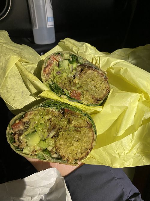 Middle eastern wrap with falafel and hummus  at Fudenjuce in Nevada City