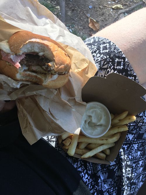 Poutine mini burger and small regular fries with aioli at Lord of the Fries - St Kevins Arcade in Auckland