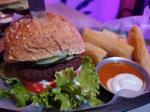 House beet burger with yucca fries at Huacamole Vegan Food in San Pedro