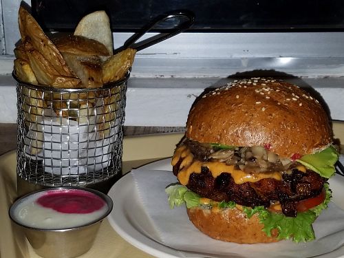 Tropical burger at Huacamole Vegan Food in San Pedro