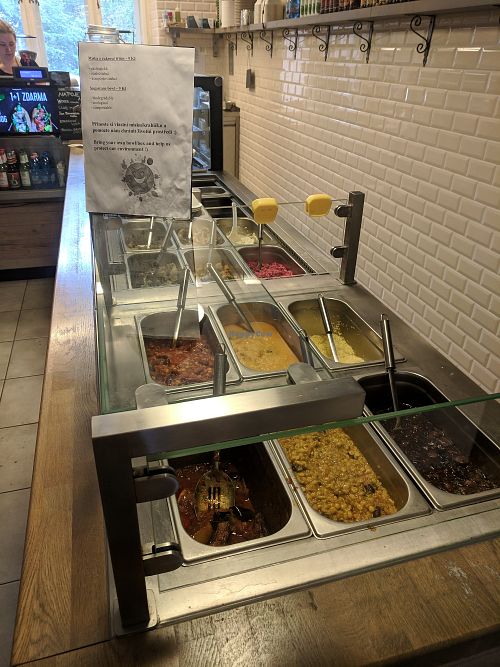 Close up of the hot buffet at Vegg Go - Miru in Prague