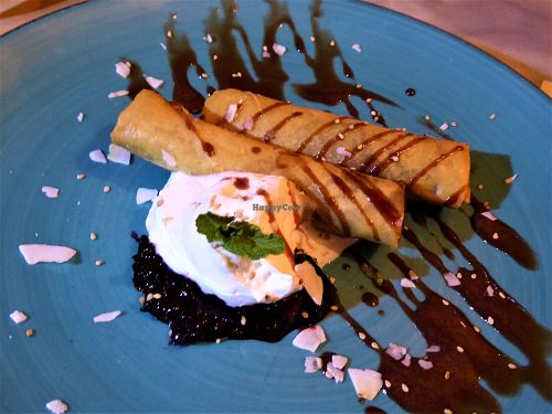 Dessert: springrolls with marzipan and chocolate
 at Mr. & Mrs. Watson in Amsterdam