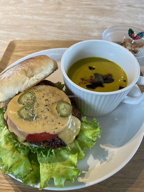 Pumpkin soup, tempe(?) burger, everything amazingly delicious. at plant-HOLIC in Ginowan