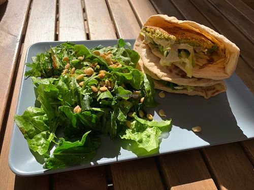 Falafel burger in wrap with salad. It was truly wonderful and very filling. at Solar Kitchen Bar in Larnaca