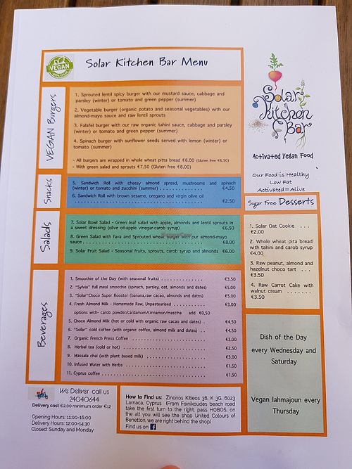 Menu in English (other side in Greek) at Solar Kitchen Bar in Larnaca