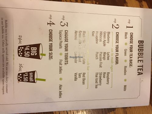 bubble tea menu, with list of vegan flavors at Steep Mountain Teahouse in Bozeman